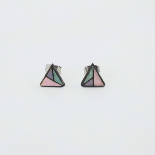 Háromszög alakú fa fülbevaló - rózsaszín, lila, zöld