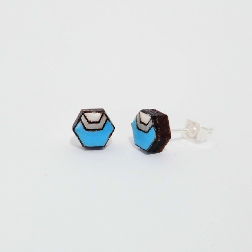 Hexagon fa fülbevaló Duo - kék, szürke, fehér
